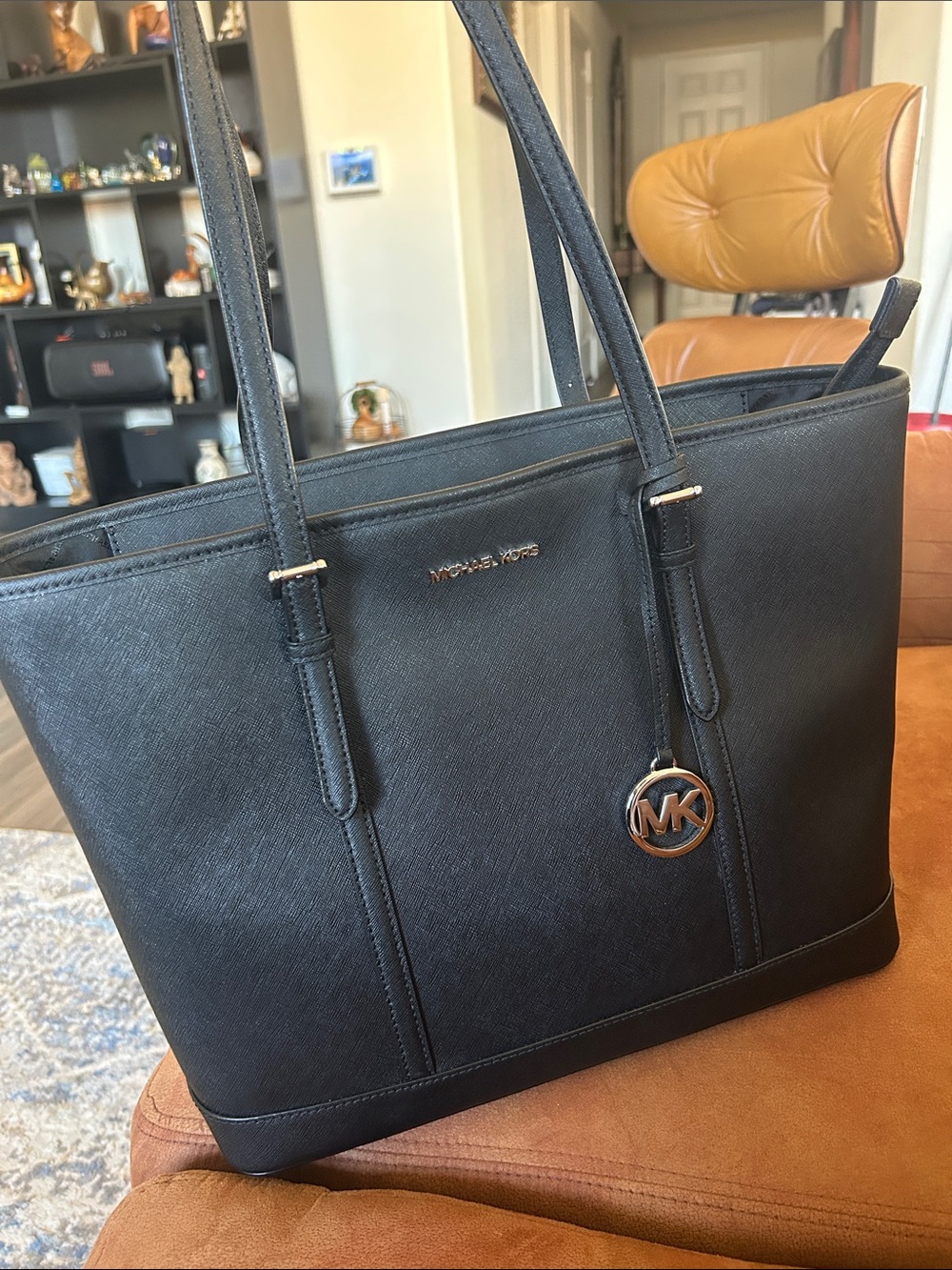 Michael Kors Black Saffiano Tote with silver MK Charm